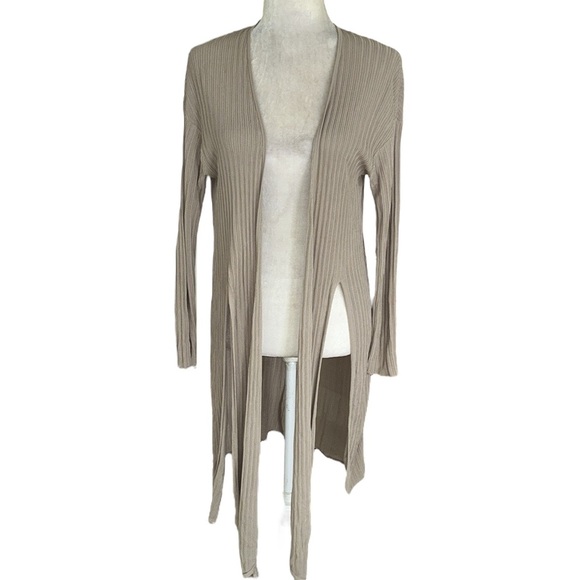 MM Lafleur Graham Beige Ribbed Tie Front Draped Kimono Long Ballet Cardigan - M - Picture 7 of 16
